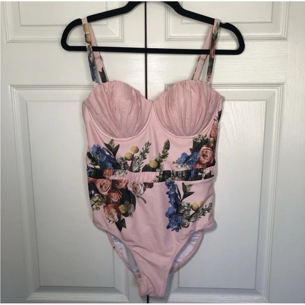 Albion Duchess Pink Floral One-Piece Bustier Underwire Swimsuit - Size Large